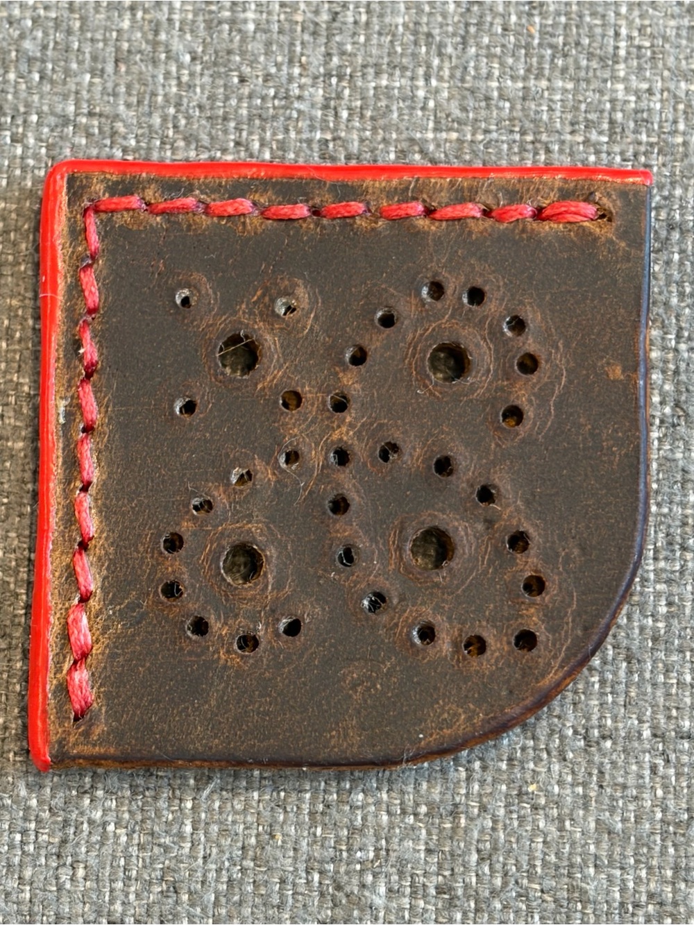 Handcrafted Hand Tooled Leather Corner Bookmark Brown with Red Stitching